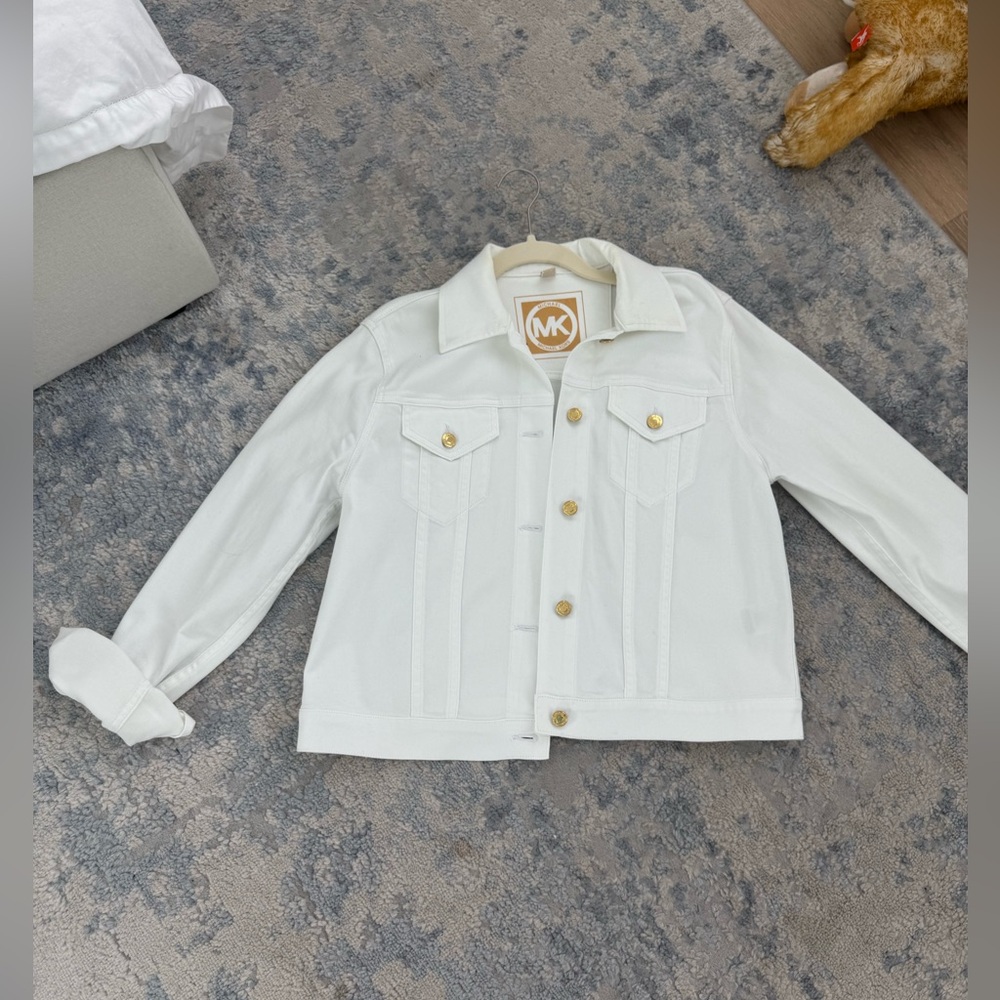 Michael Kors White denim jacket with gold accents #denimjacket #michaelkors